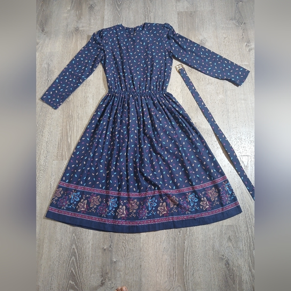 Vintage Malouf Elegant Navy Blue Printed Dress Belted Average Size 10